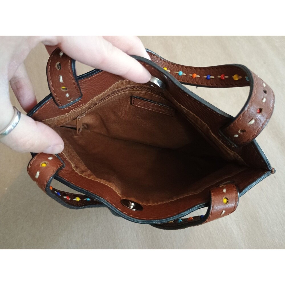 Fossil Small Mini Handbag Purse Tote Brown Leather with Beaded Double Strap - Picture 4 of 4